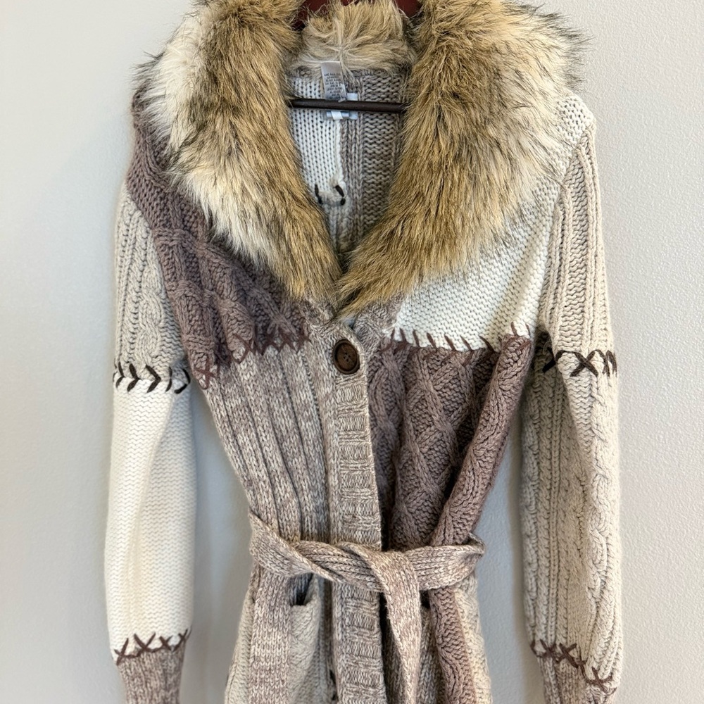 Chico's Brown and Cream Knit Cardigan with Faux Fur Collar